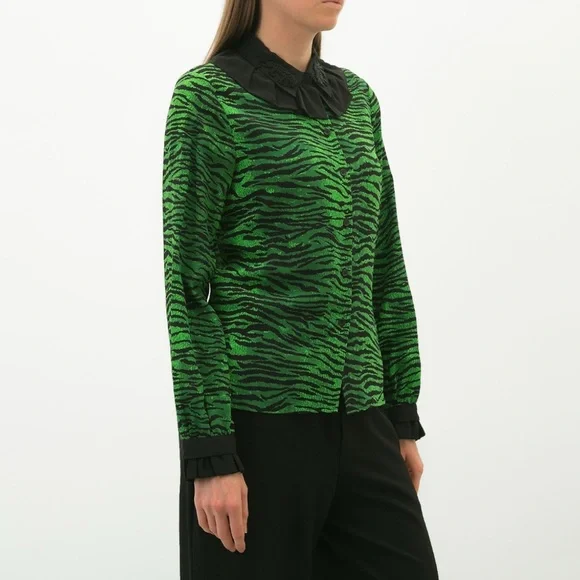 KENZO x H&M Green Tiger Print Silk Ruffle Collar Long Sleeve Button Up Blouse 2 - Picture 2 of 16